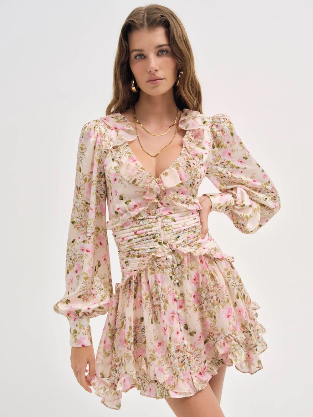 For Love & Lemons Jayleen Mini Dress Pink/Neutral Floral Size L